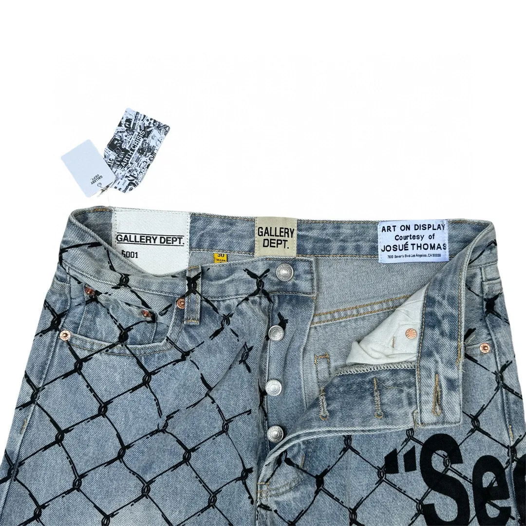 -Size upper body P240#G786 GALLERY DEPT. Steel mesh letter printed slim jeans jeans casual group trendy American slim men's and women's trousers Color: blue Size: S-XXL (corresponding to 28-36)